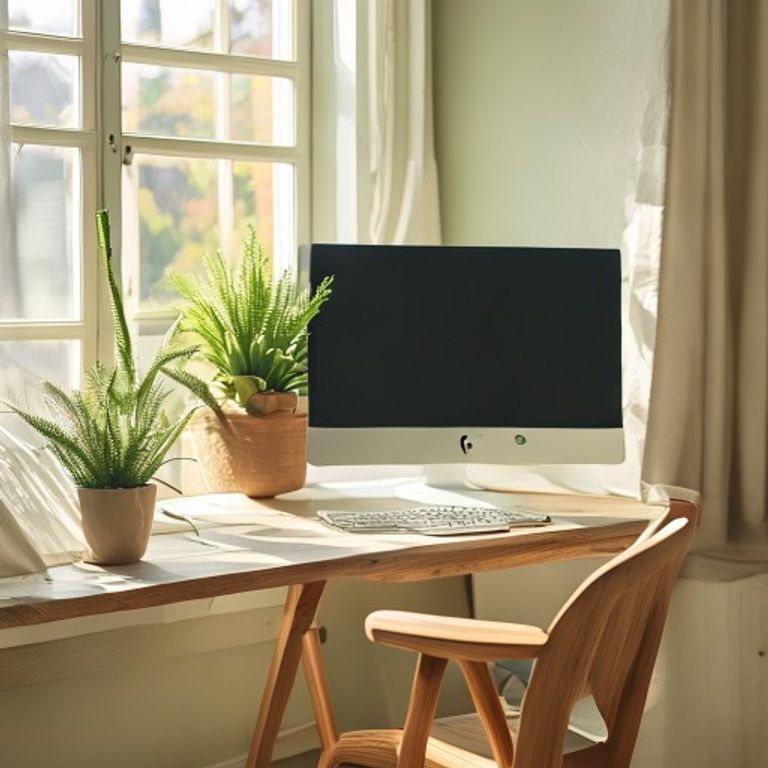 Ergonomisk arbeidsstasjon med bok og plante